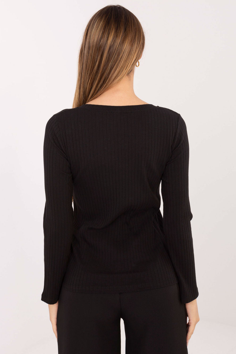 Rue Paris Black Ribbed V-Neck Long Sleeve Blouse - view 3