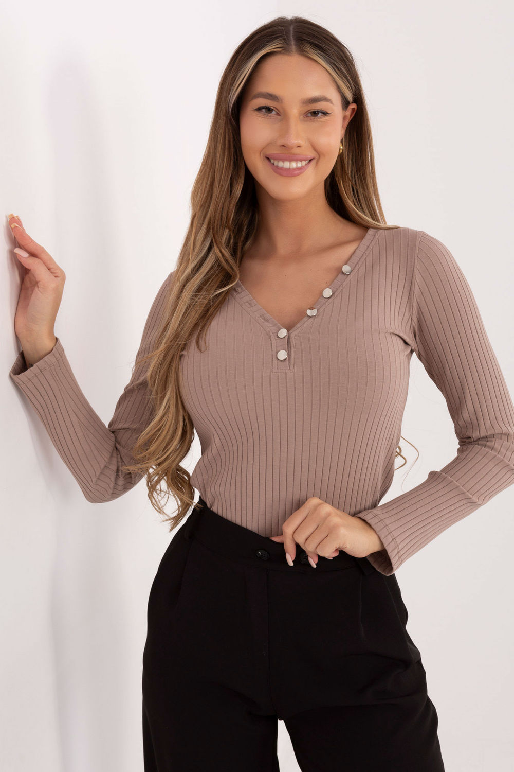 Rue Paris Dark Beige Striped V-Neck Blouse