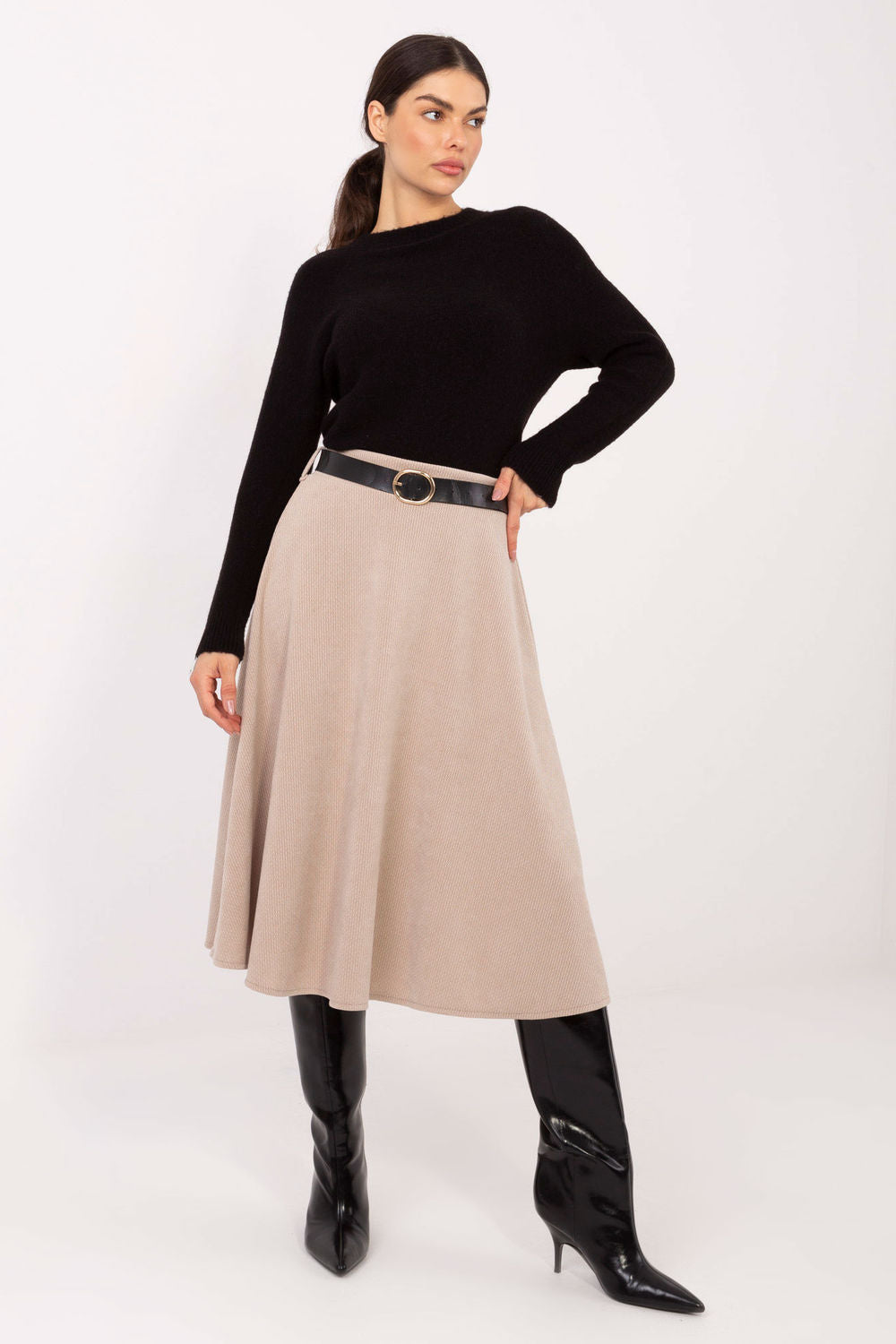 Rue Paris Beige Knitted Flared Skirt