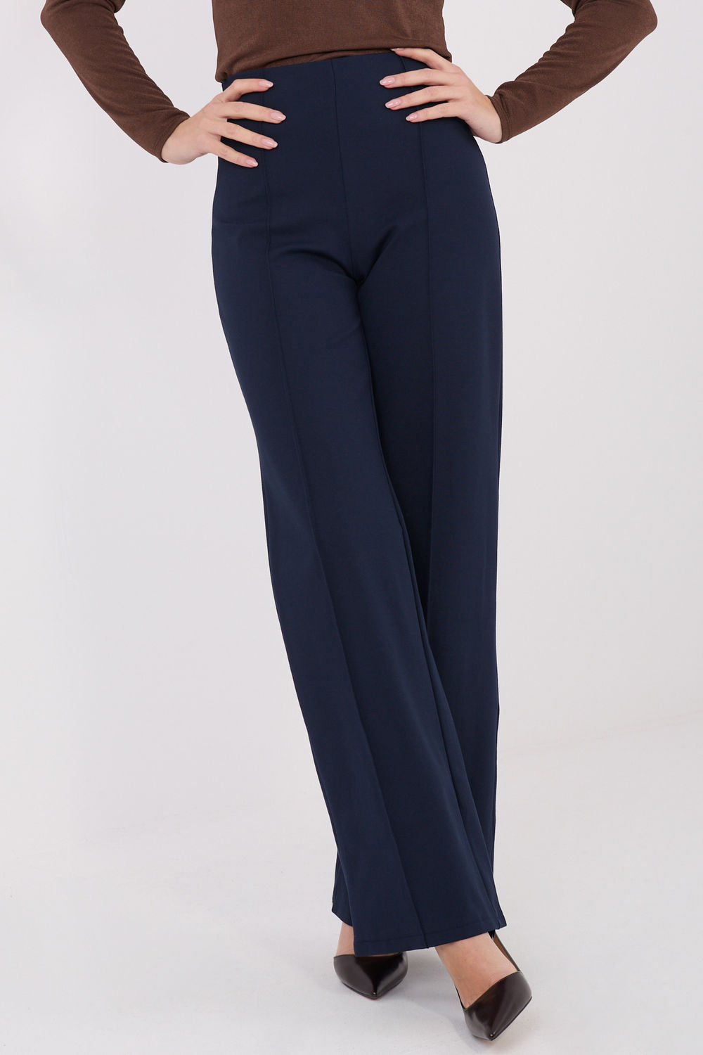 Rue Paris Navy Viscose Wide Leg High Waisted Trousers