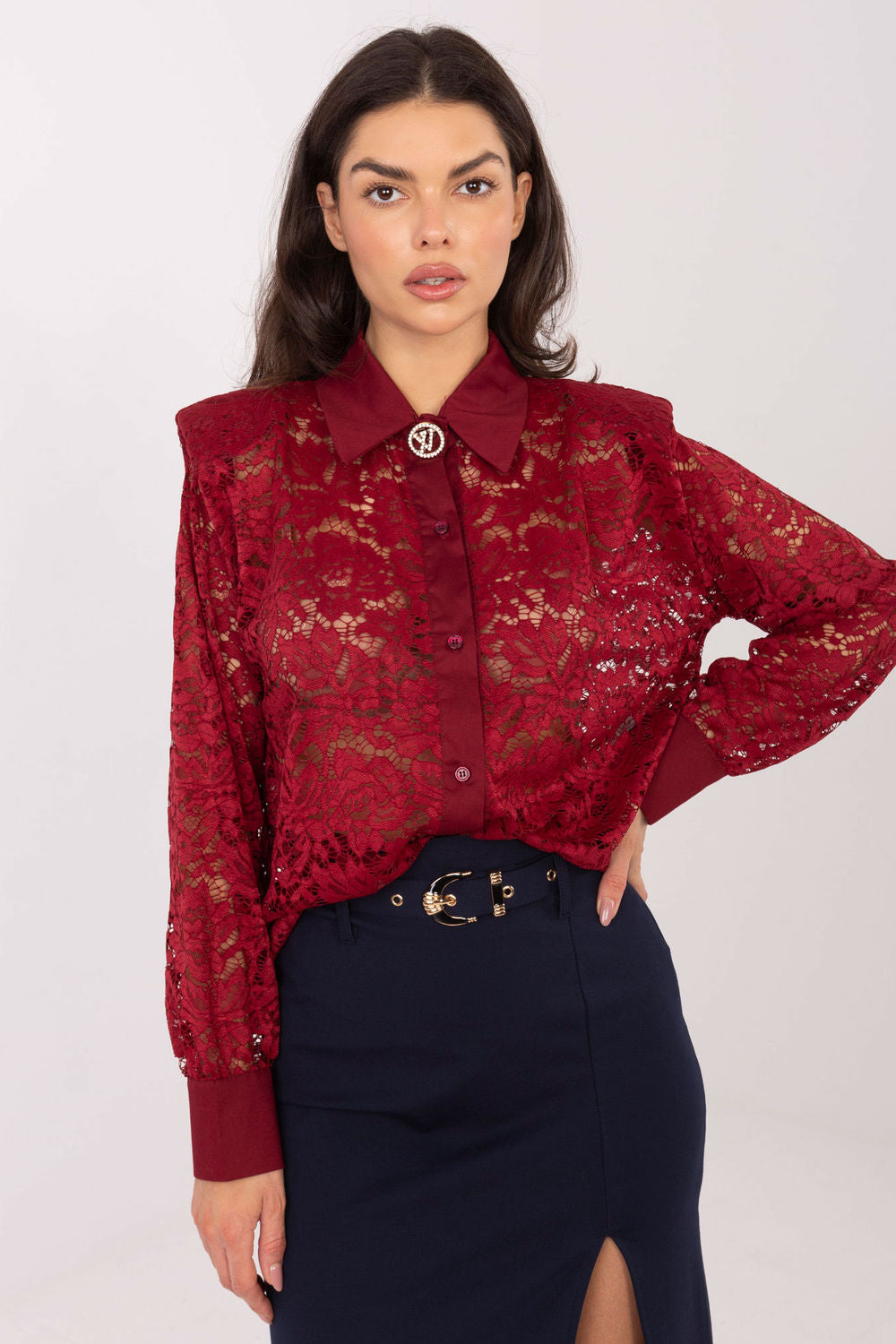 Italy Moda Burgundy Lace Long Sleeve Top