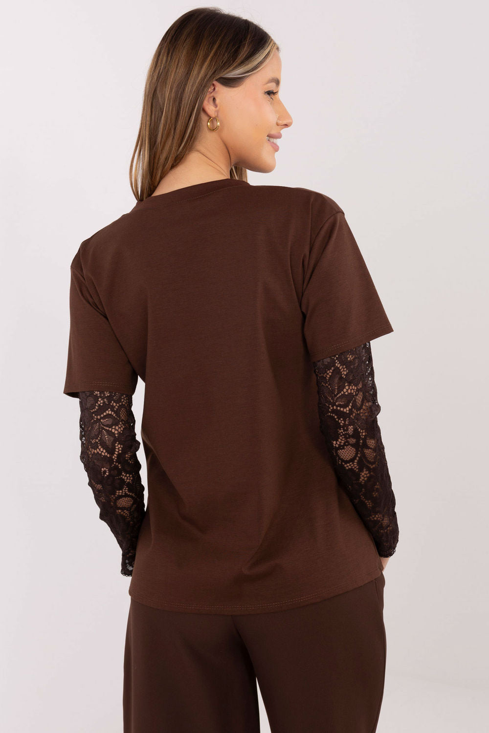 Italy Moda Brown Lace Cotton Blouse - view 3