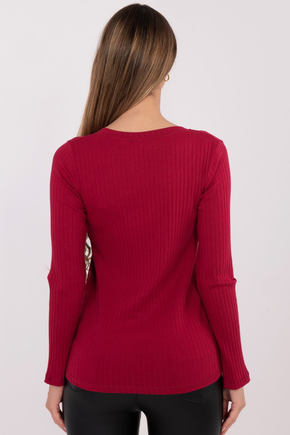Rue Paris Burgundy Ribbed V-Neck Long Sleeve Blouse - view 3