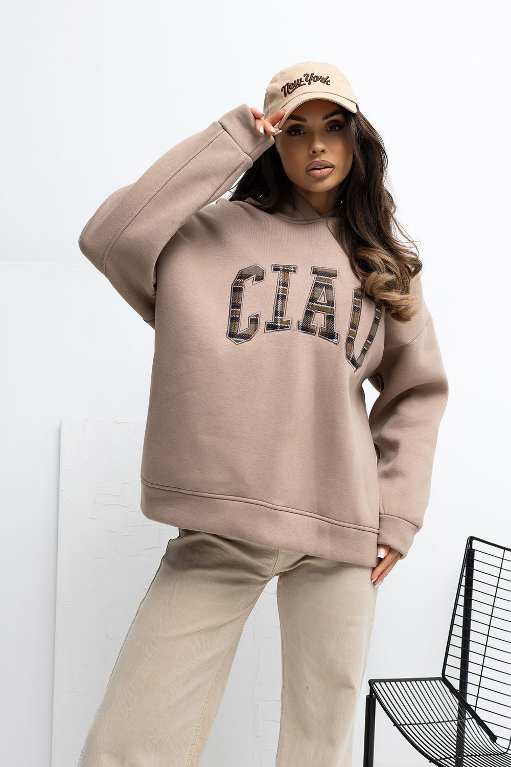 Rue Paris Dark Beige Hooded Long Sleeve Sweatshirt with Embroidery