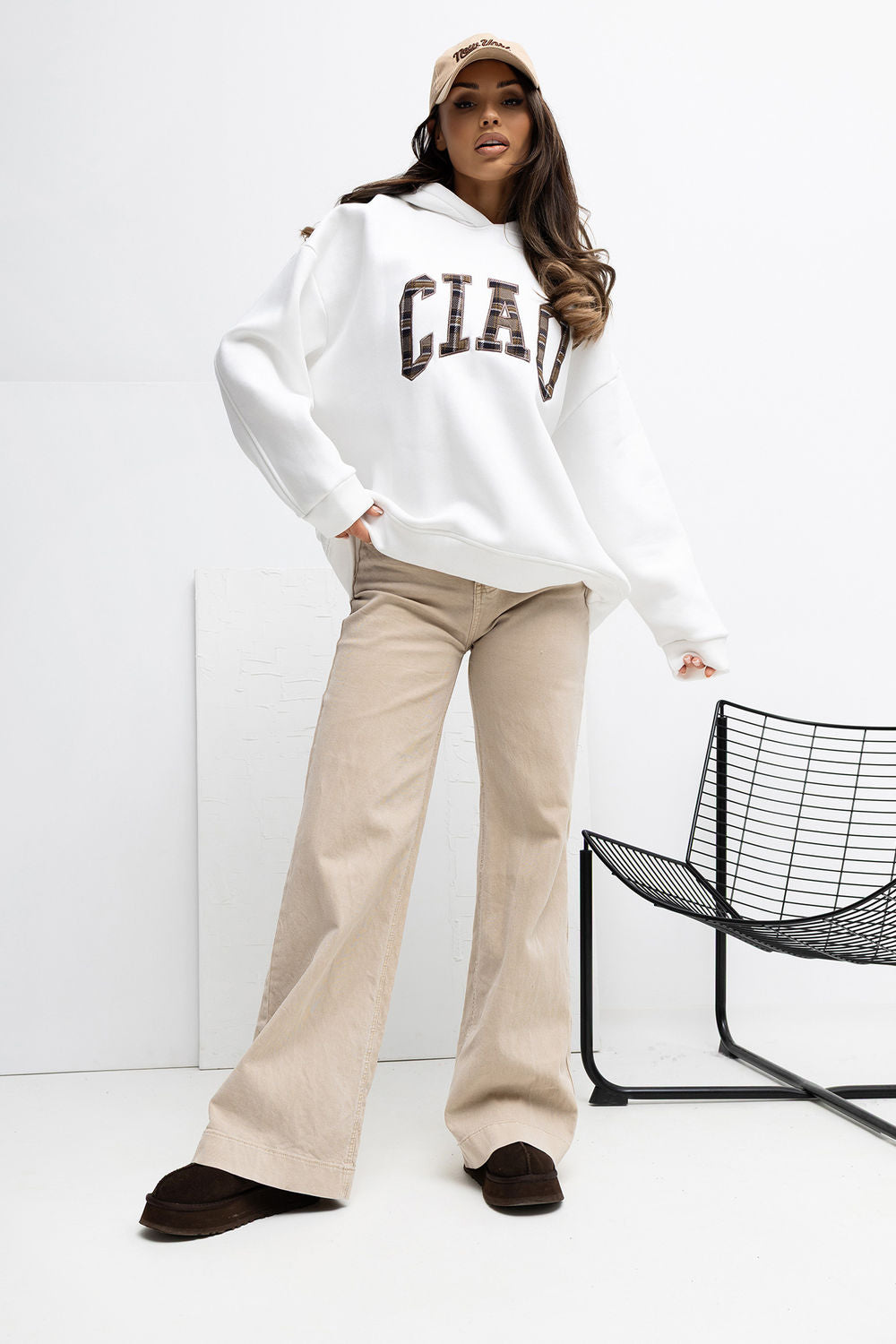 Rue Paris Ecru Hooded Long Sleeve Sweatshirt with Embroidery - view 2