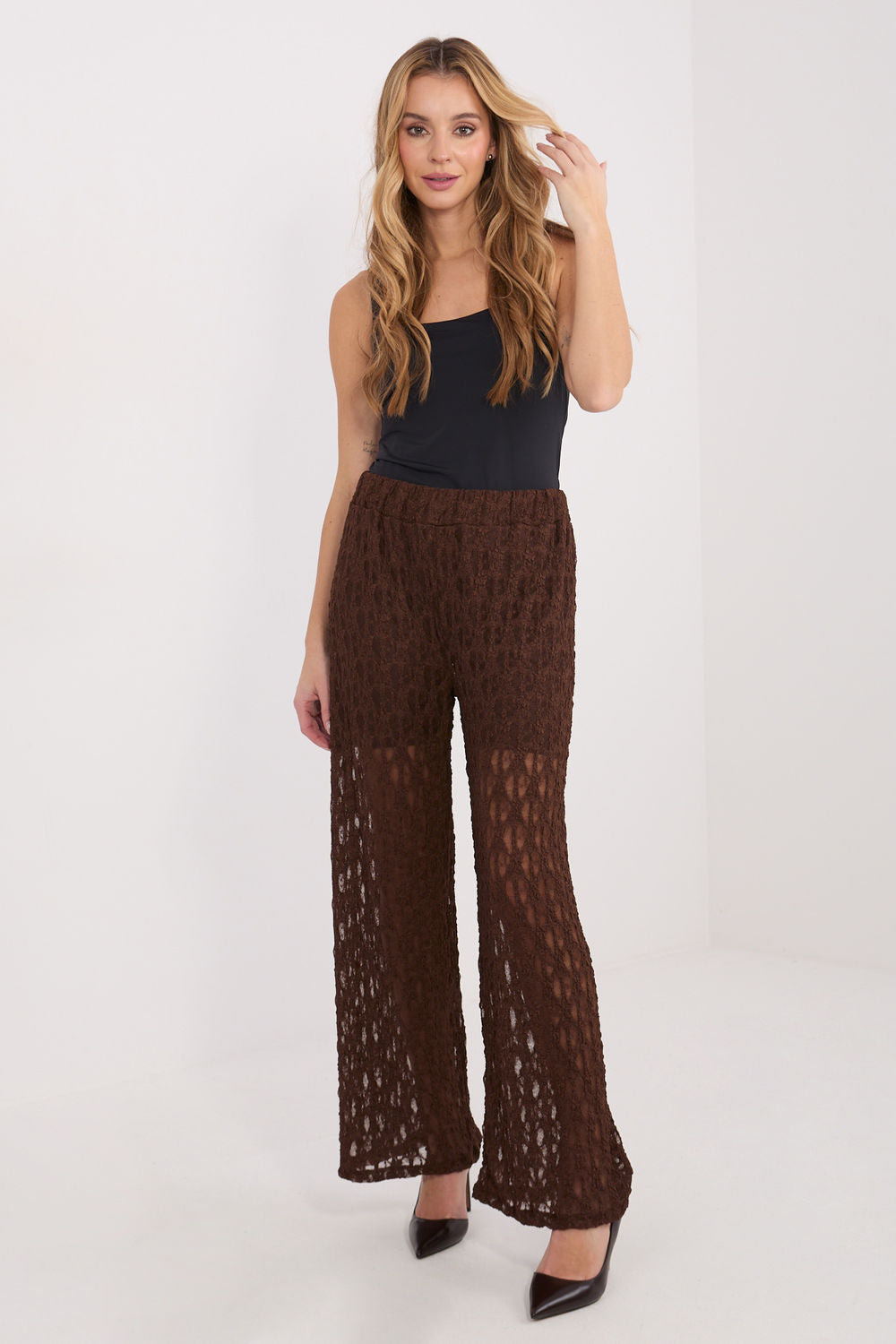 Italy Moda Brown Wide Leg High Waisted Lace Trousers