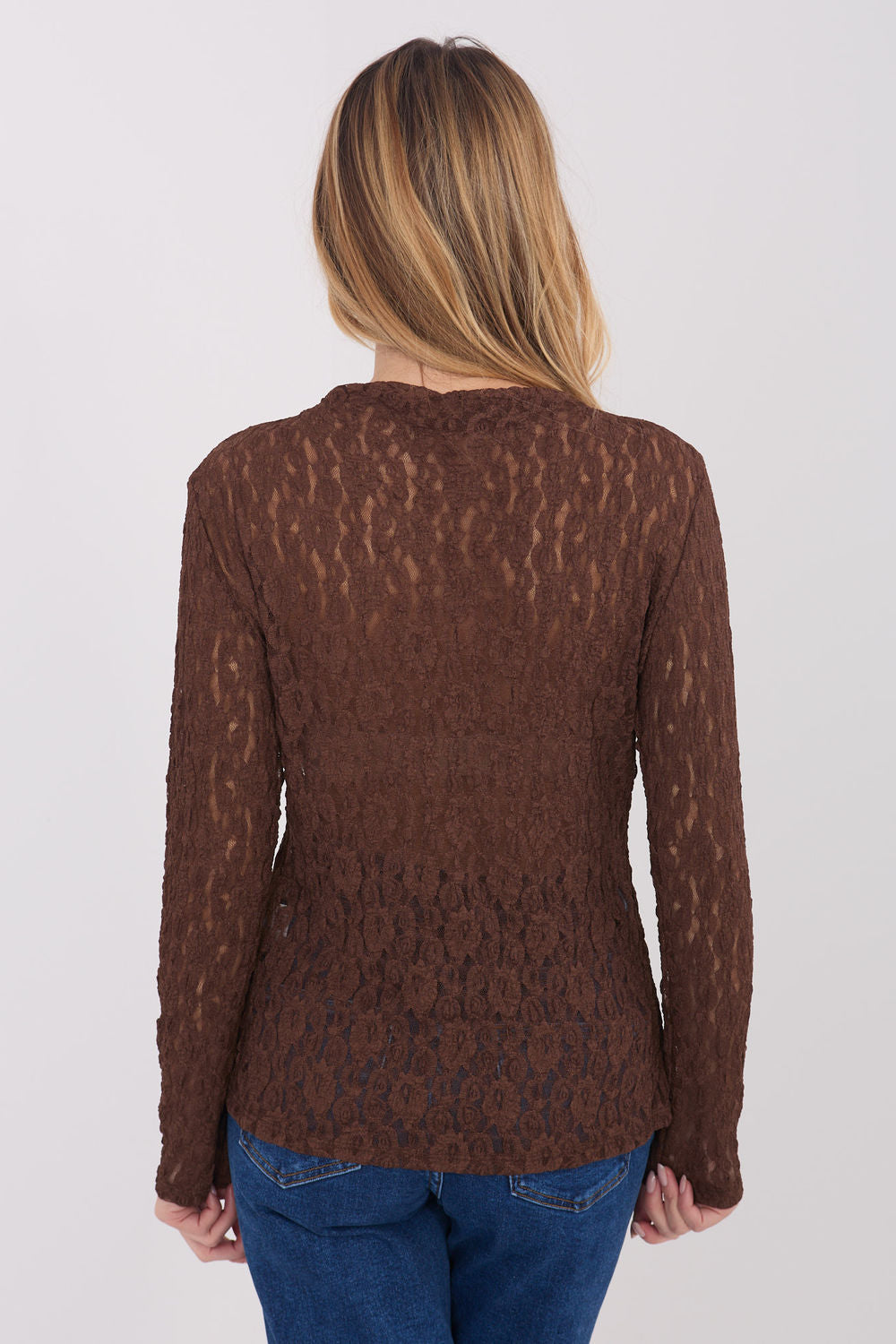 Italy Moda Brown Lace Long Sleeve Blouse - view 3