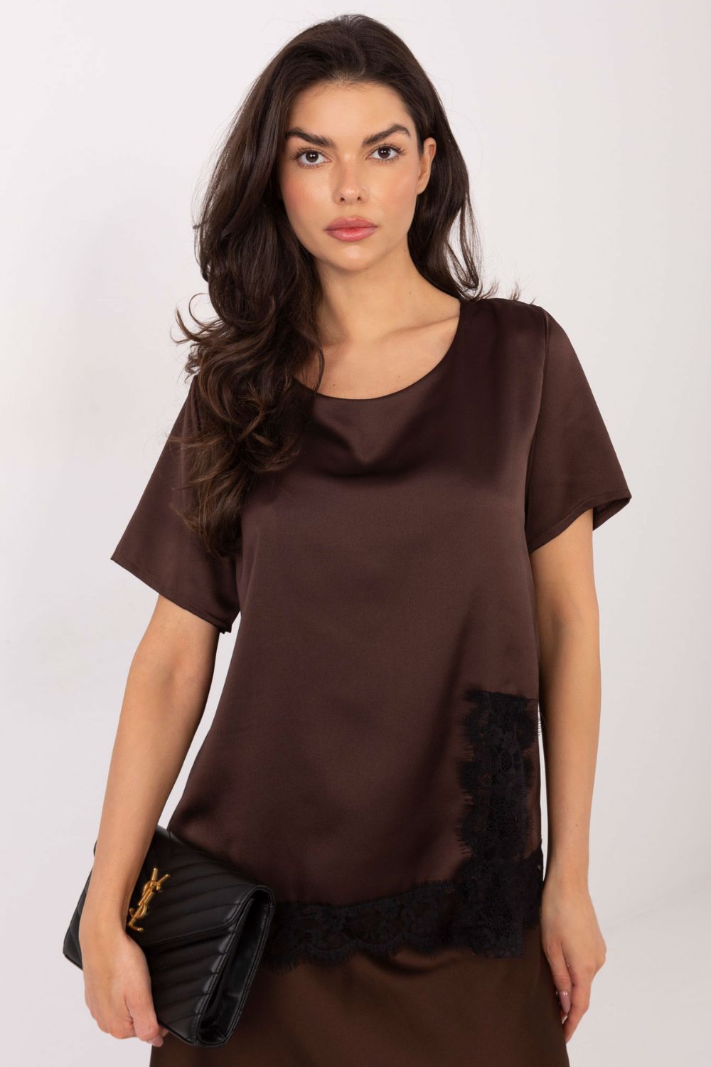 Italy Moda Brown Lace Short Sleeve Blouse - view 4
