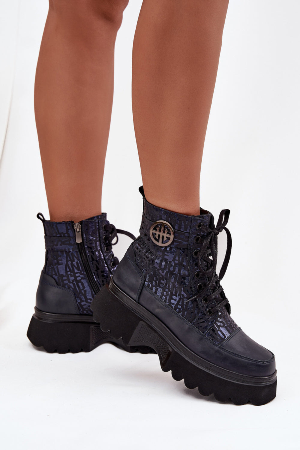 Step In Style Artiker Navy Leather Lace Up Platform Boots
