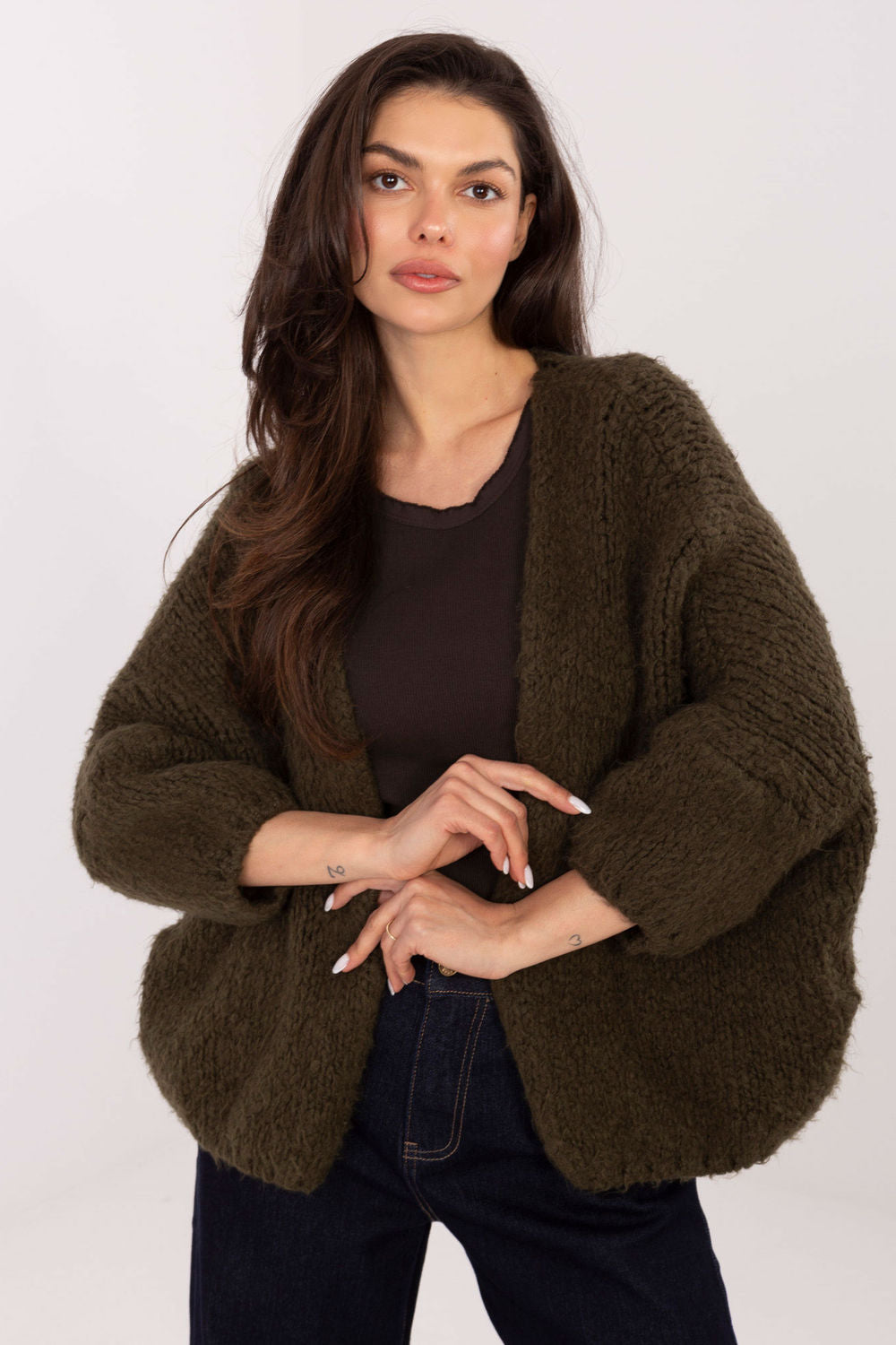 Italy Moda Khaki Puff Sleeve Cardigan