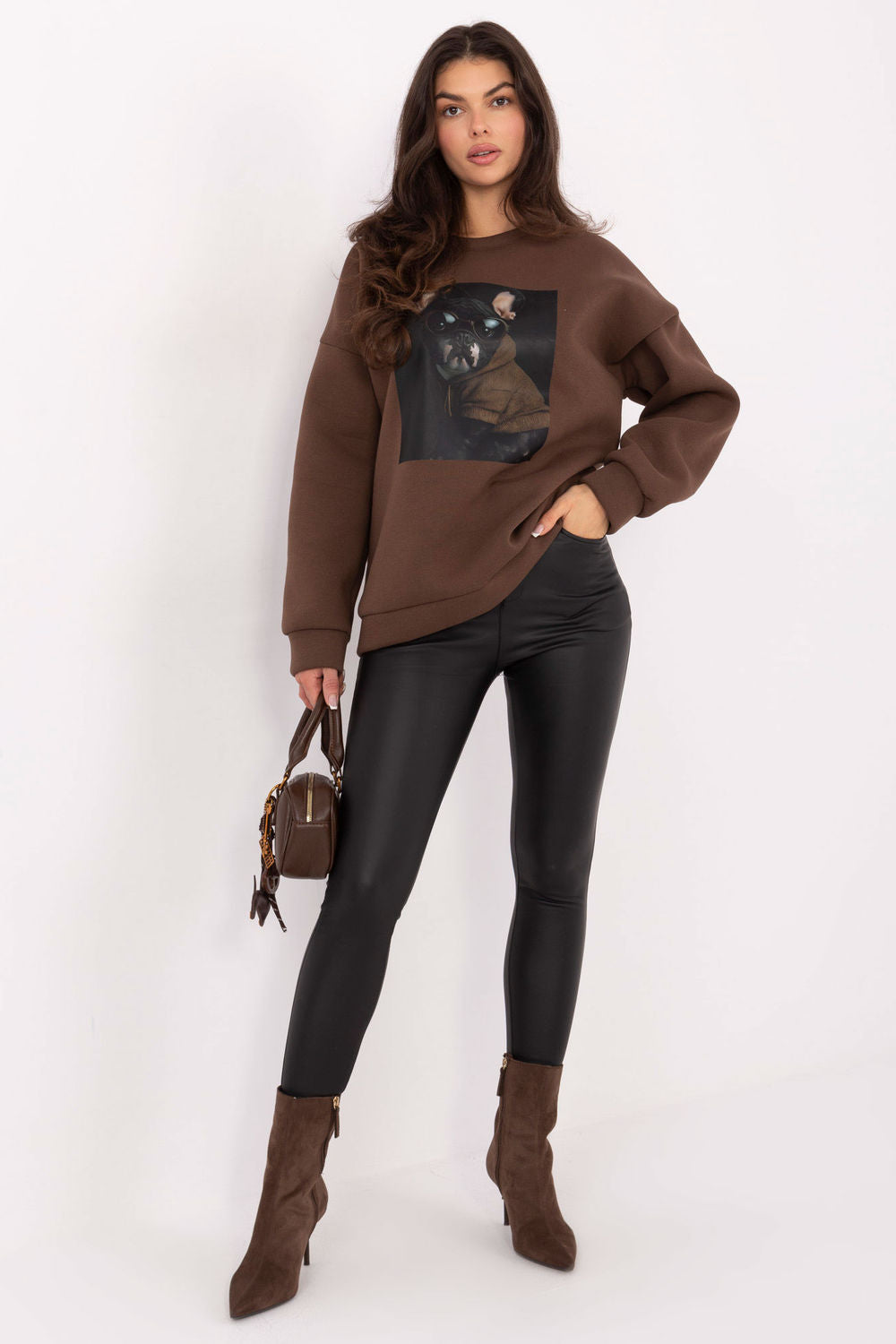 Italy Moda Brown Round Neck Long Sleeve Cotton Sweatshirt - view 2