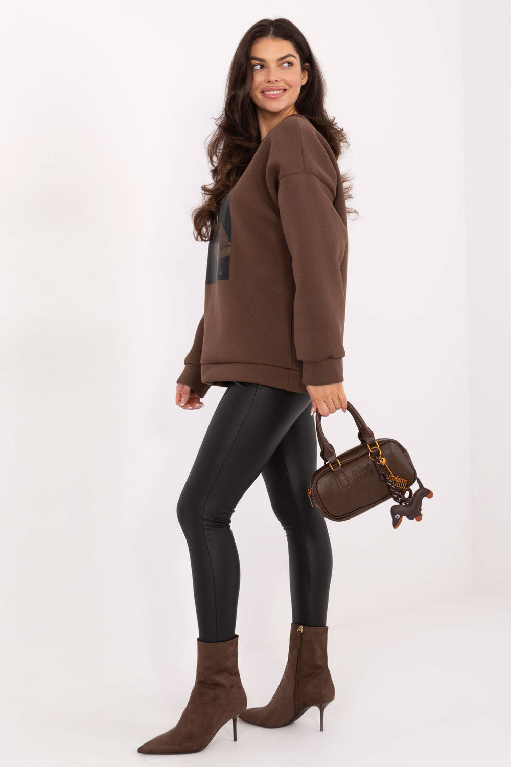Italy Moda Brown Round Neck Long Sleeve Cotton Sweatshirt - view 4