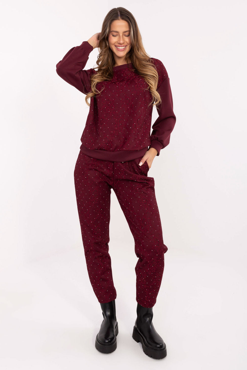 Italy Moda Burgundy Lace High Waisted Co-Ord Set
