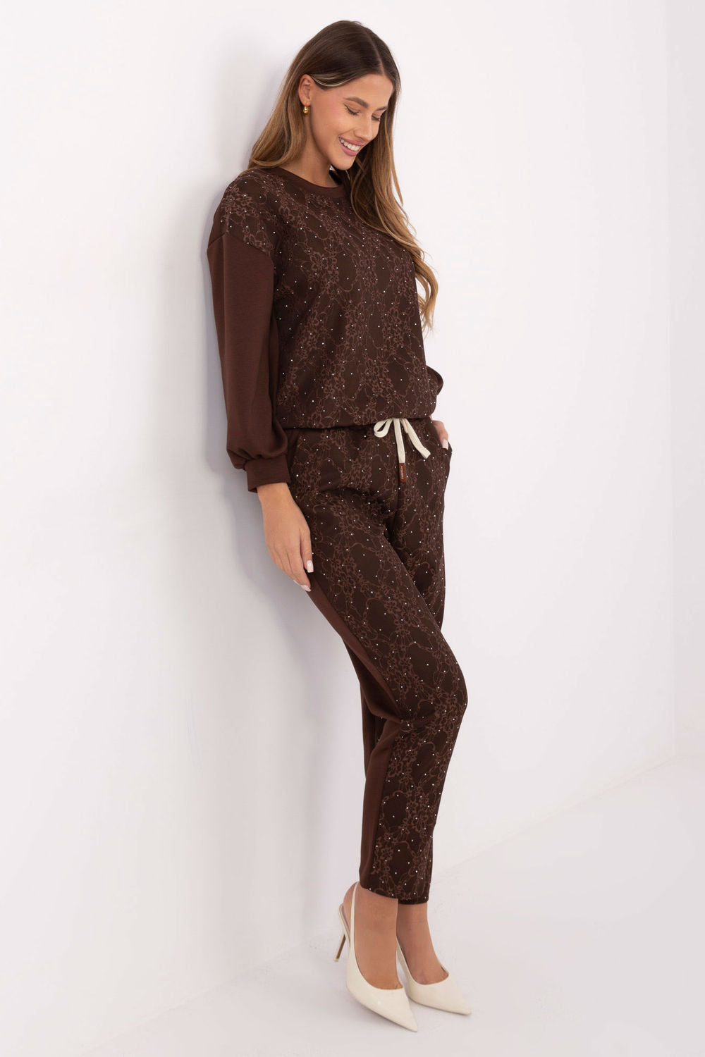 Italy Moda Brown Lace High Waisted Co-Ord Set - view 2