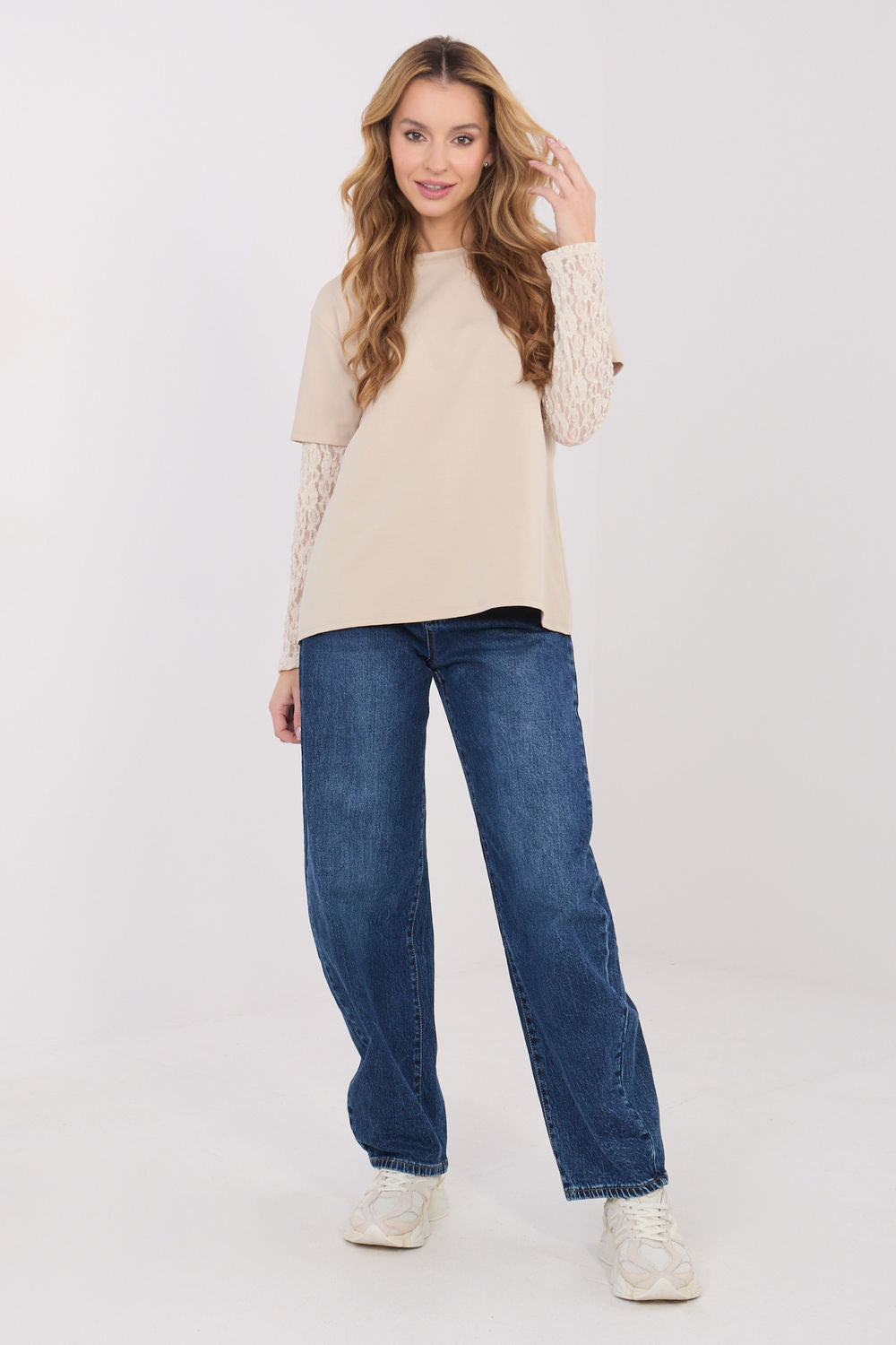 Italy Moda Beige Lace Cotton Blouse