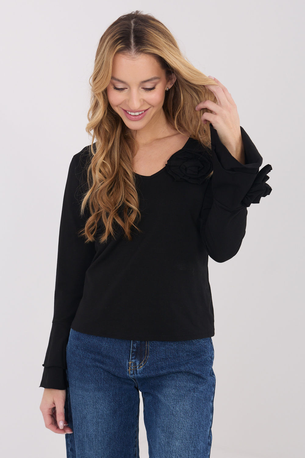 Italy Moda Black Bodycon V-Neck Blouse