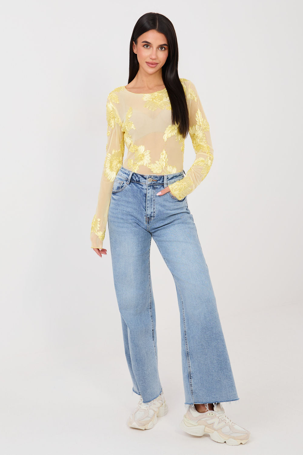 Italy Moda Light Yellow Mesh Bodycon Blouse - view 2