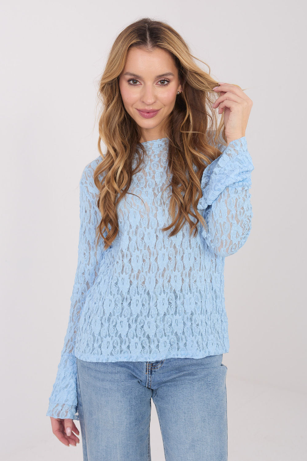 Italy Moda Light Blue Bodycon Lace Blouse