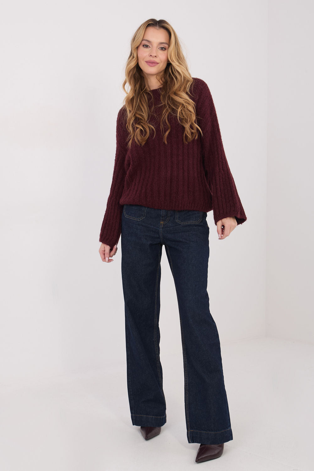 Italy Moda Burgundy Knitted Puff Sleeve Jumper - view 2
