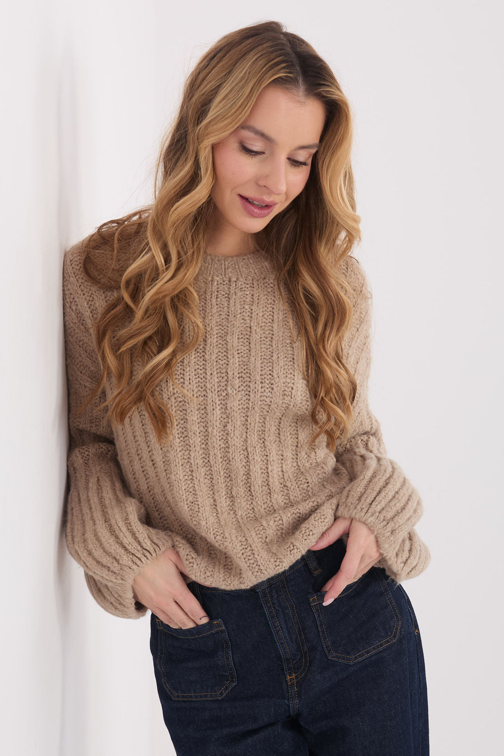 Italy Moda Dark Beige Knitted Puff Sleeve Jumper