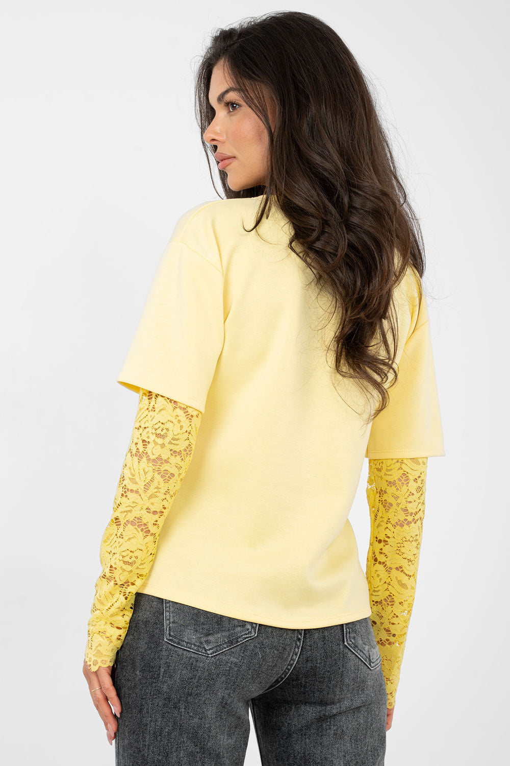 Italy Moda Light Yellow Round Neck Lace Cotton Blouse - view 3