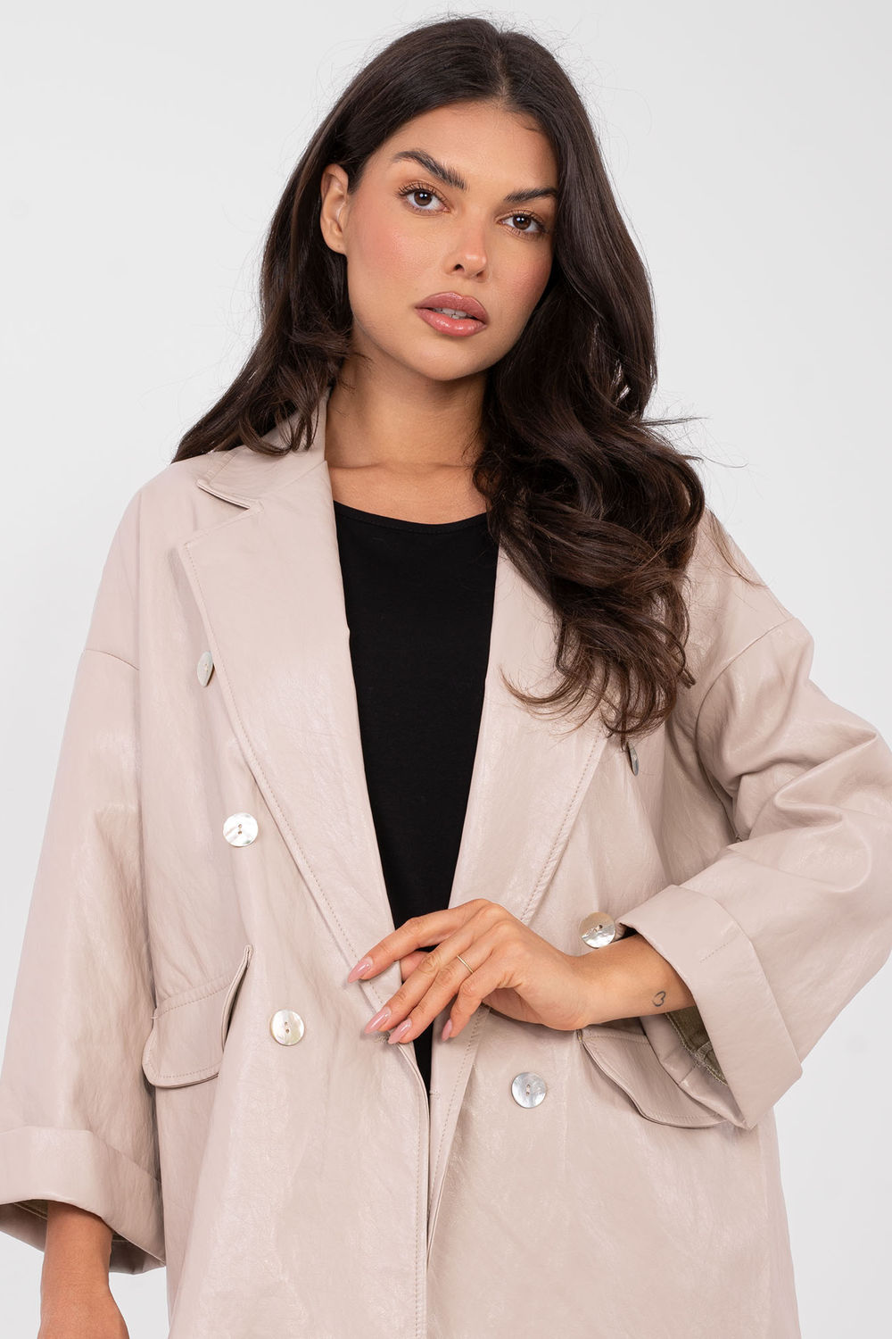 Rue Paris Beige Faux Leather Long Sleeve Jacket - view 4
