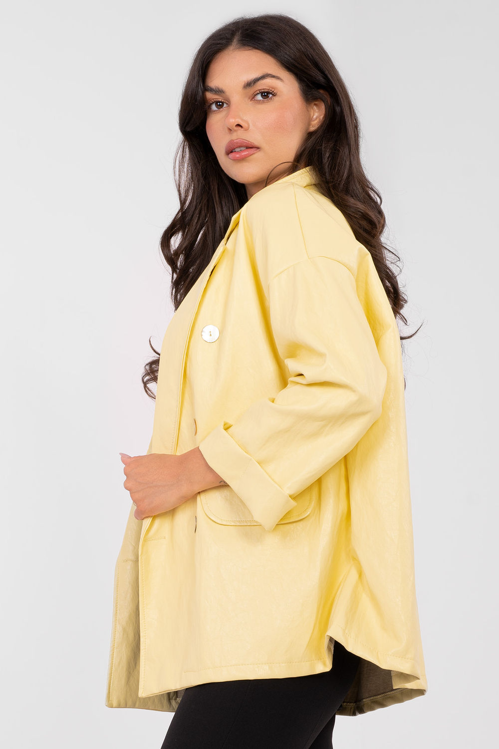 Rue Paris Light Yellow Faux Leather Long Sleeve Jacket - view 4