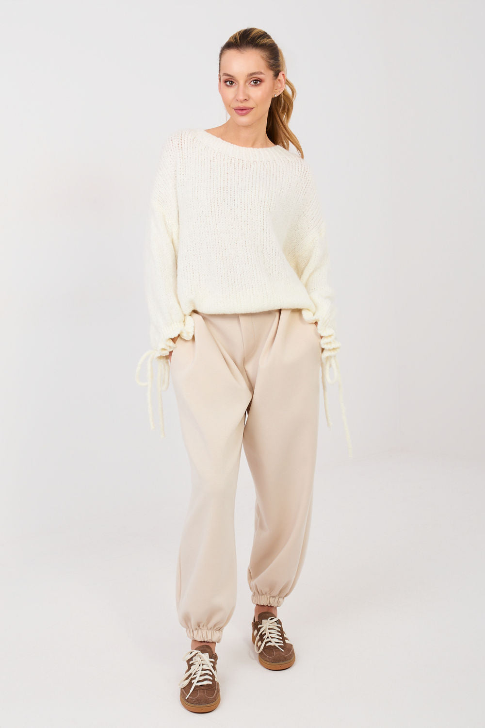 Italy Moda Light Beige Pleated Joggers