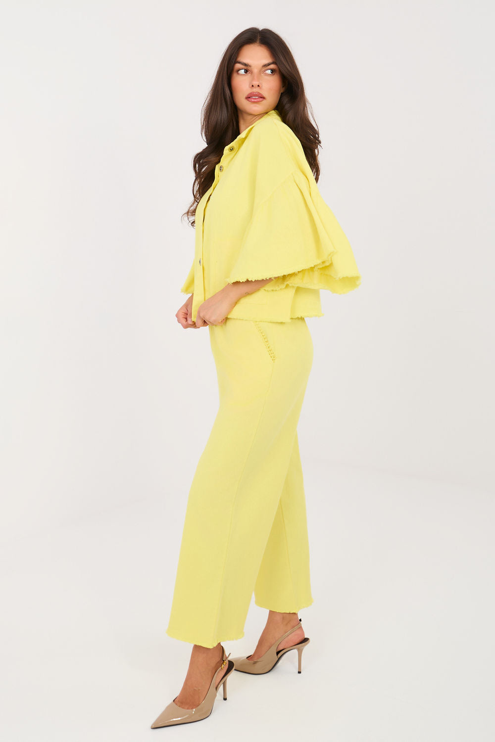 Italy Moda Light Yellow Wide Leg High Waisted Trousers - view 2