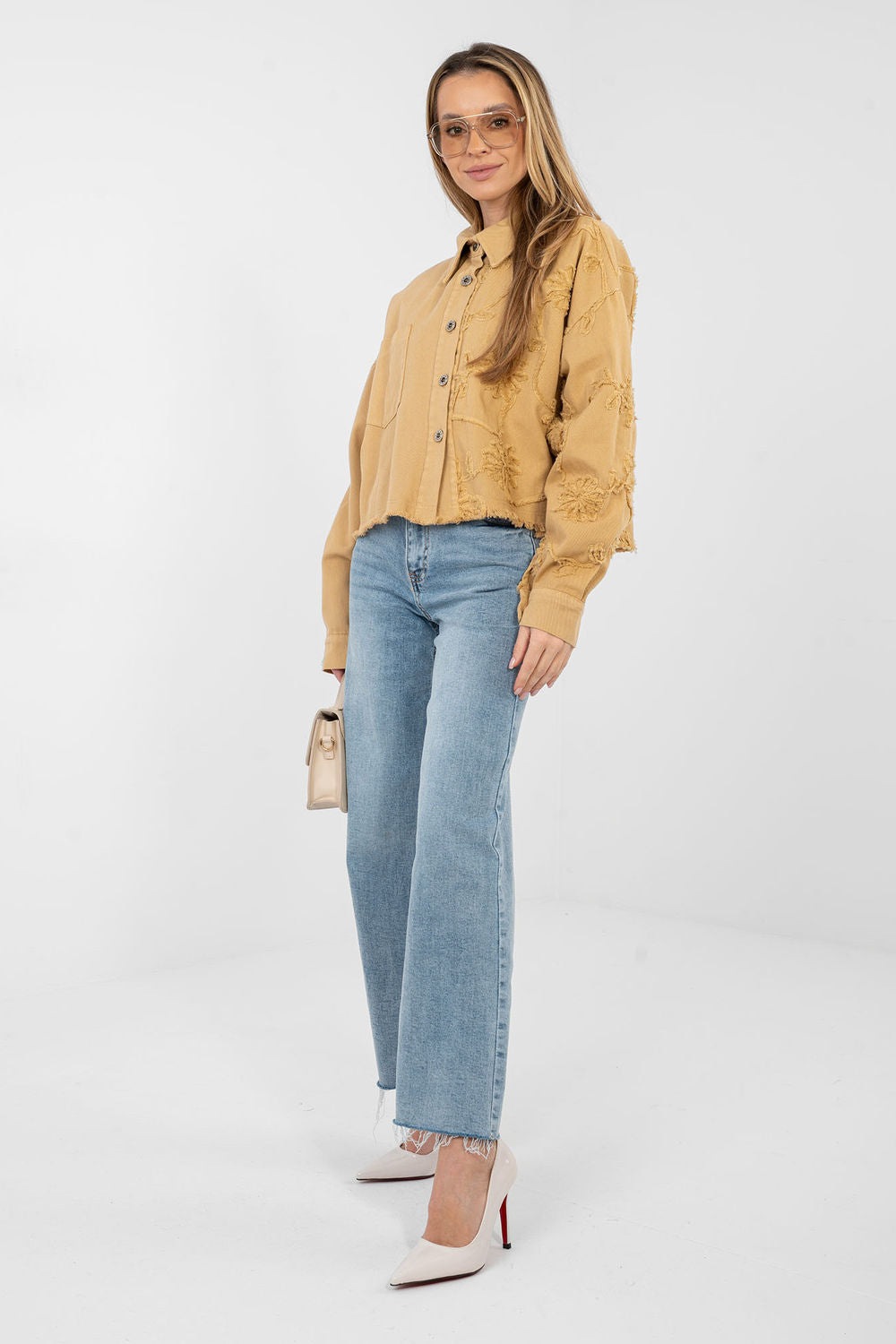 Rue Paris Camel Collared Long Sleeve Cotton Denim Jacket - view 2