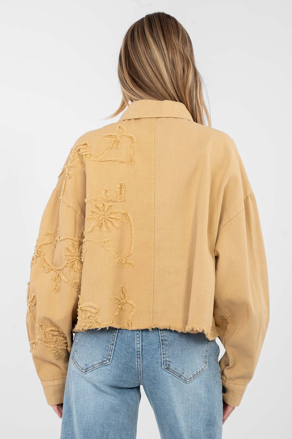 Rue Paris Camel Collared Long Sleeve Cotton Denim Jacket - view 4