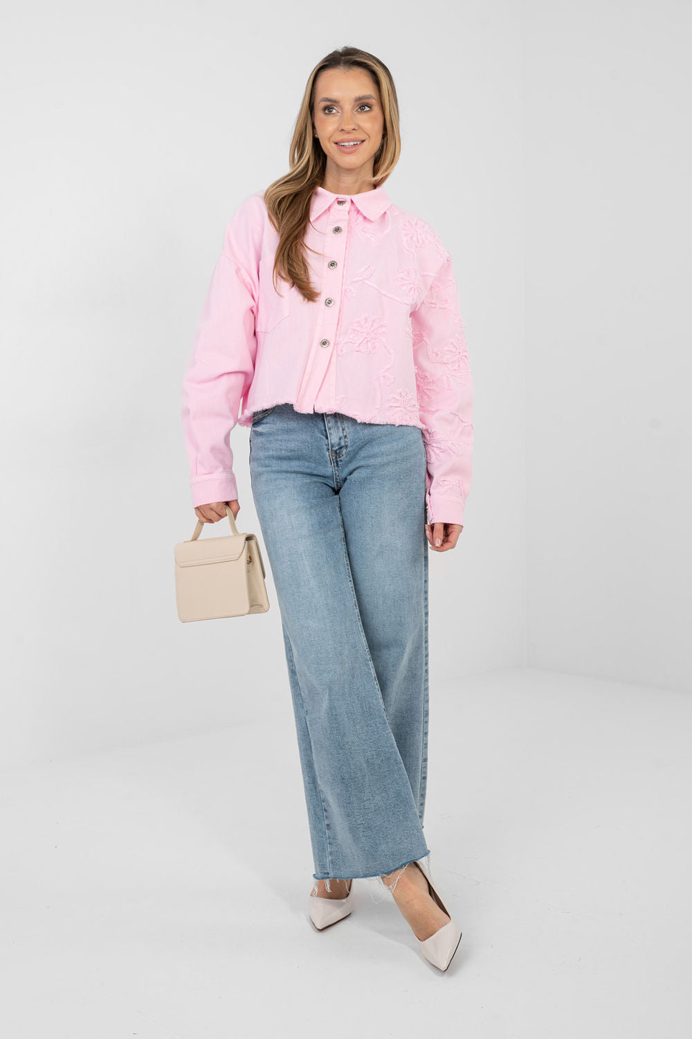 Rue Paris Light Pink Collared Long Sleeve Cotton Denim Jacket - view 2