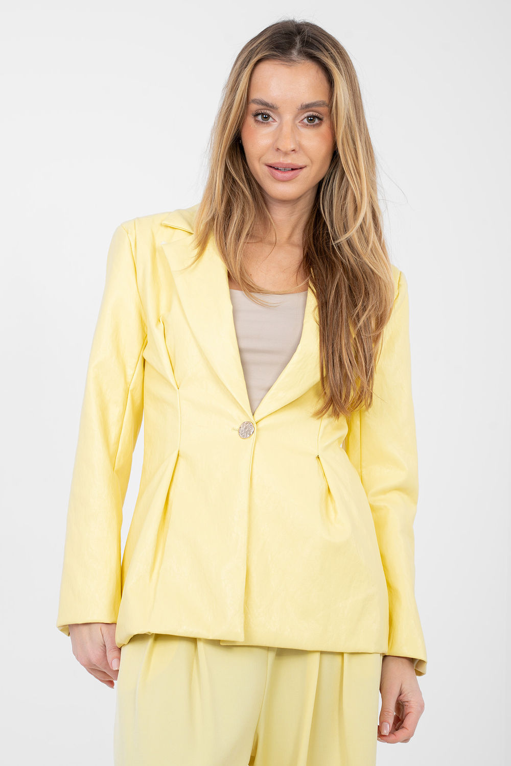 Rue Paris Light Yellow Faux Leather Pleated Jacket