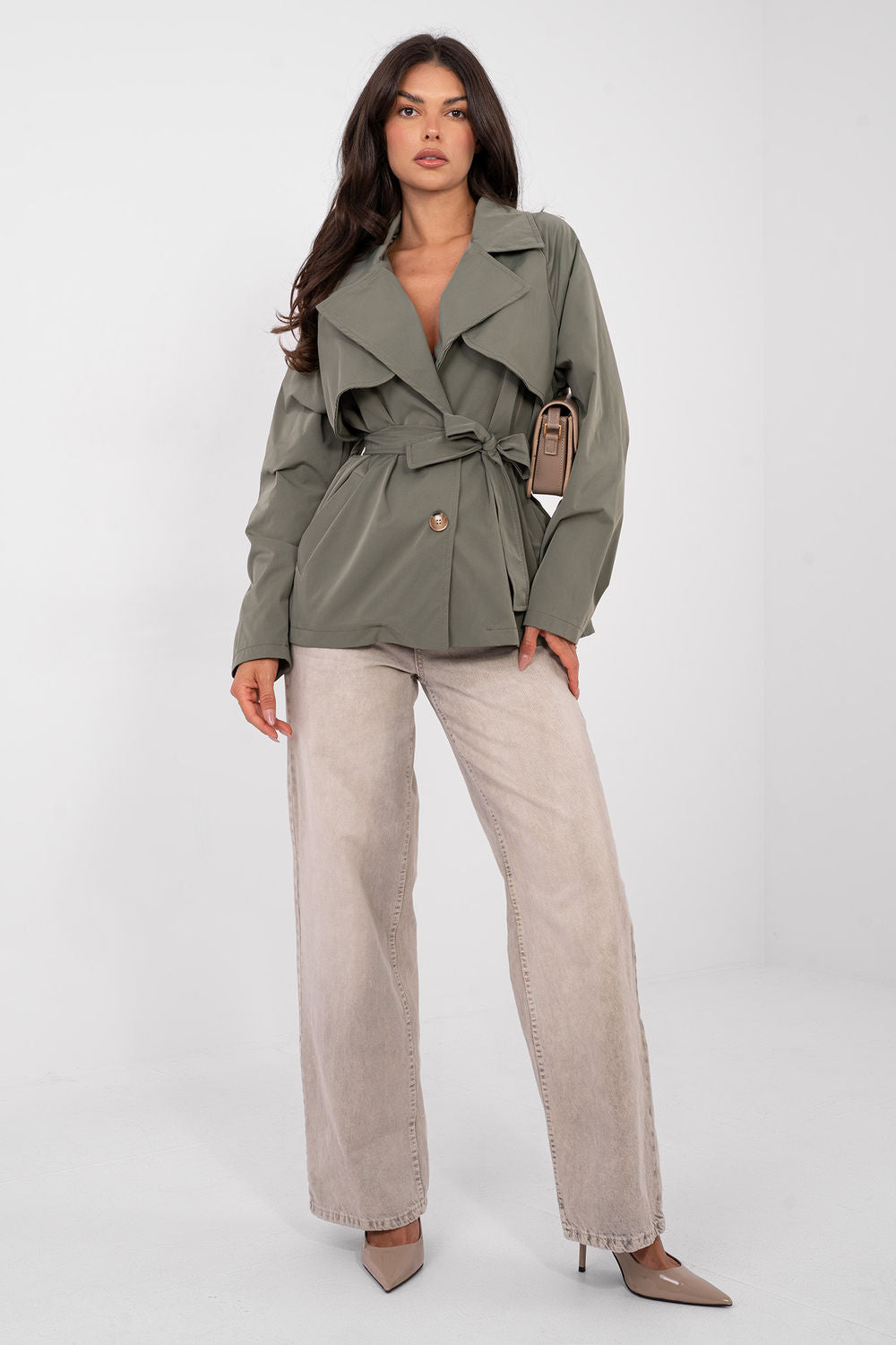 Rue Paris Khaki Long Sleeve Coat with Pockets - view 2