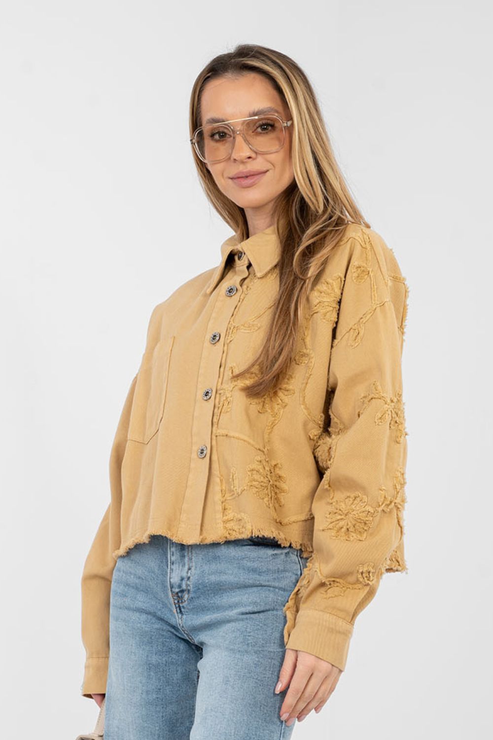 Rue Paris Camel Collared Long Sleeve Cotton Denim Jacket - view 5