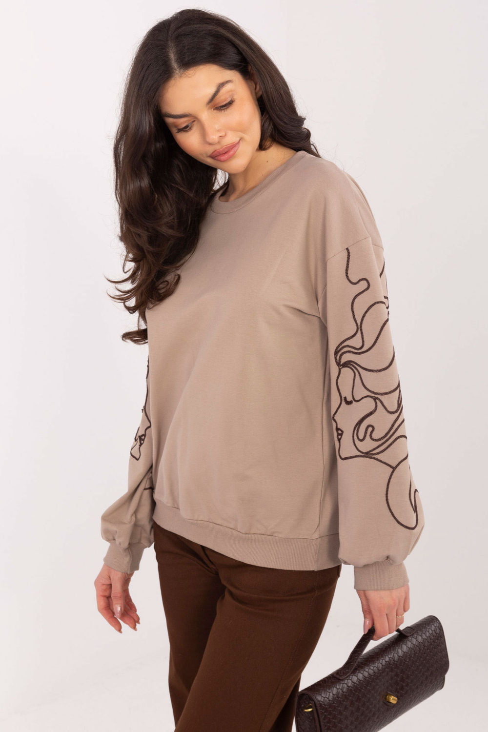 Relevance Dark Beige Round Neck Long Sleeve Cotton Sweatshirt with Embroidery