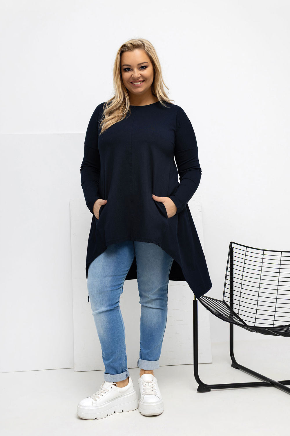Relevance Navy Long Sleeve Cotton Plus Size Blouse - view 2