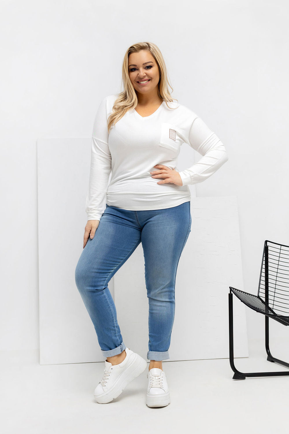 Relevance Ecru V-Neck Long Sleeve Plus Size Blouse - view 2