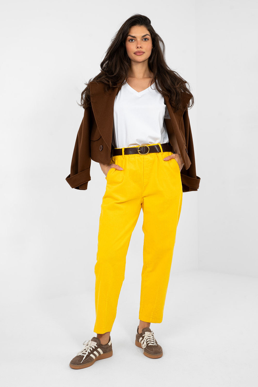 Italy Moda Yellow High Waisted Cotton Corduroy Trousers