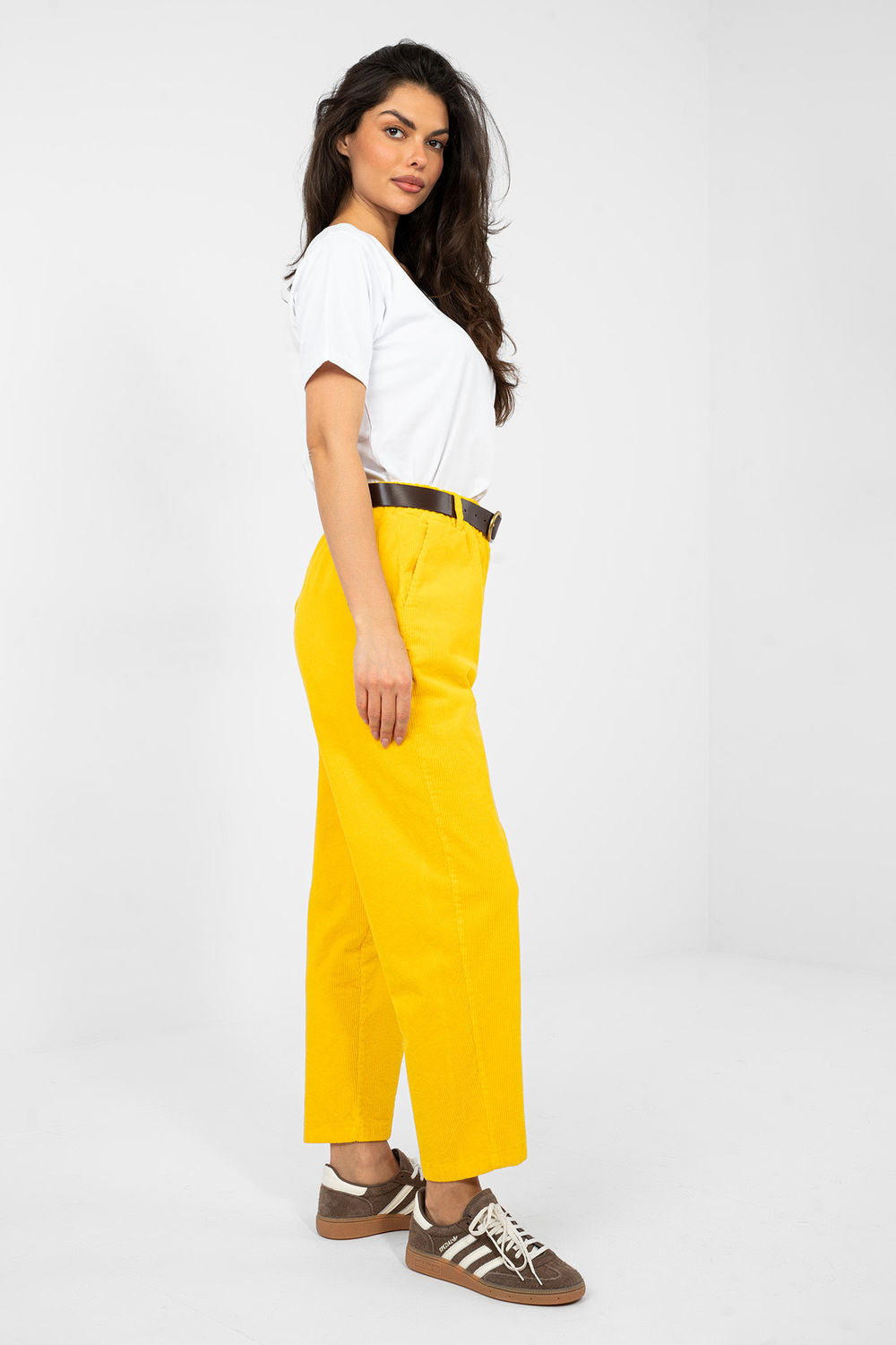 Italy Moda Yellow High Waisted Cotton Corduroy Trousers - view 2