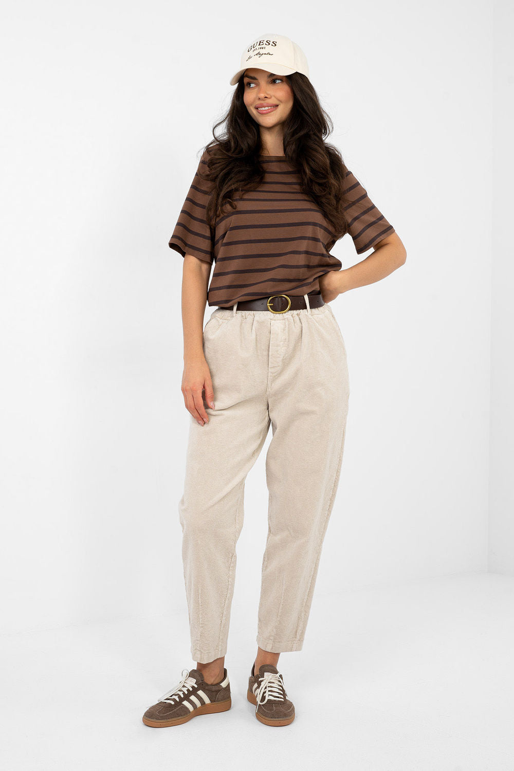 Italy Moda Beige High Waisted Cotton Corduroy Trousers