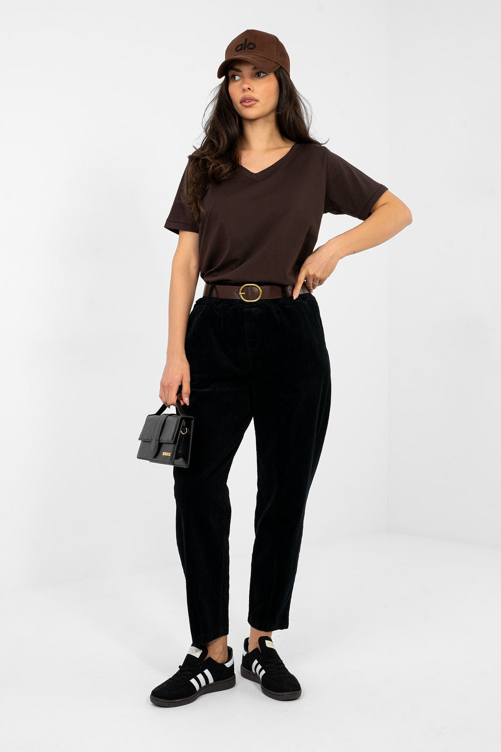 Italy Moda Black High Waisted Cotton Corduroy Trousers