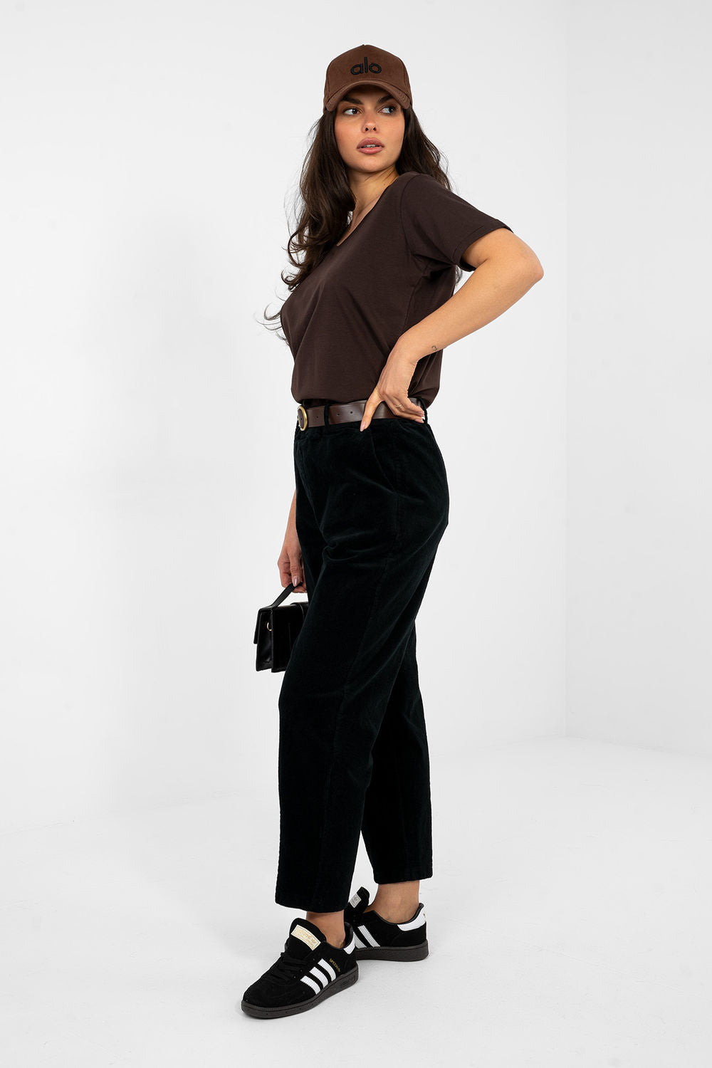 Italy Moda Black High Waisted Cotton Corduroy Trousers - view 2