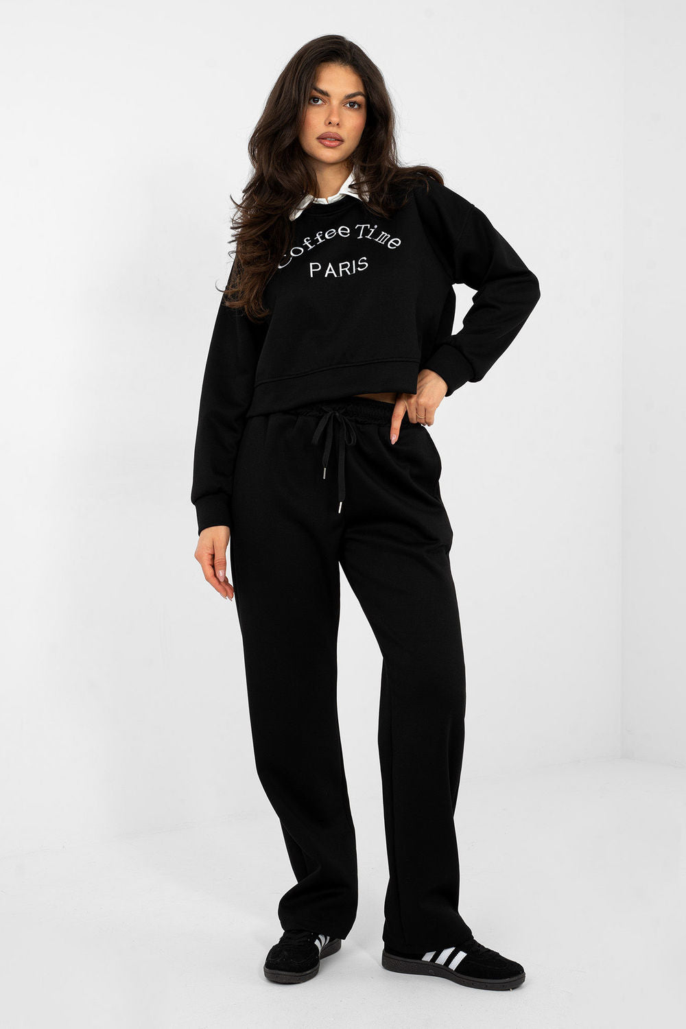 Italy Moda Black Collared High Waisted Long Sleeve Co-Ord Set