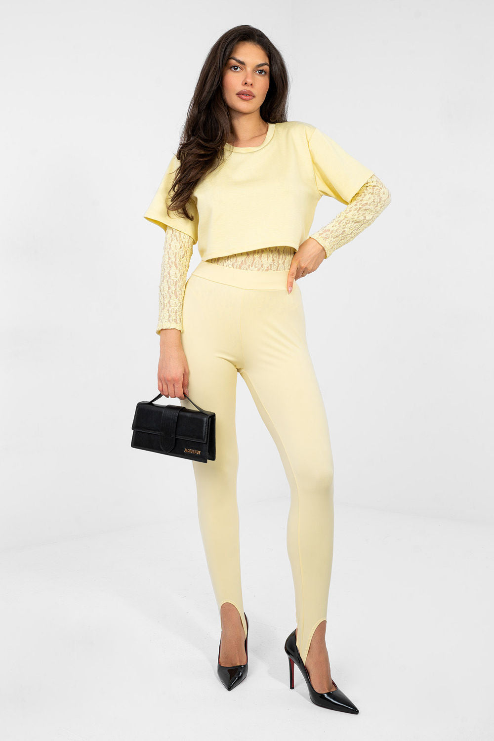 Italy Moda Light Yellow Round Neck Lace Shapewear Bodysuit - view 2