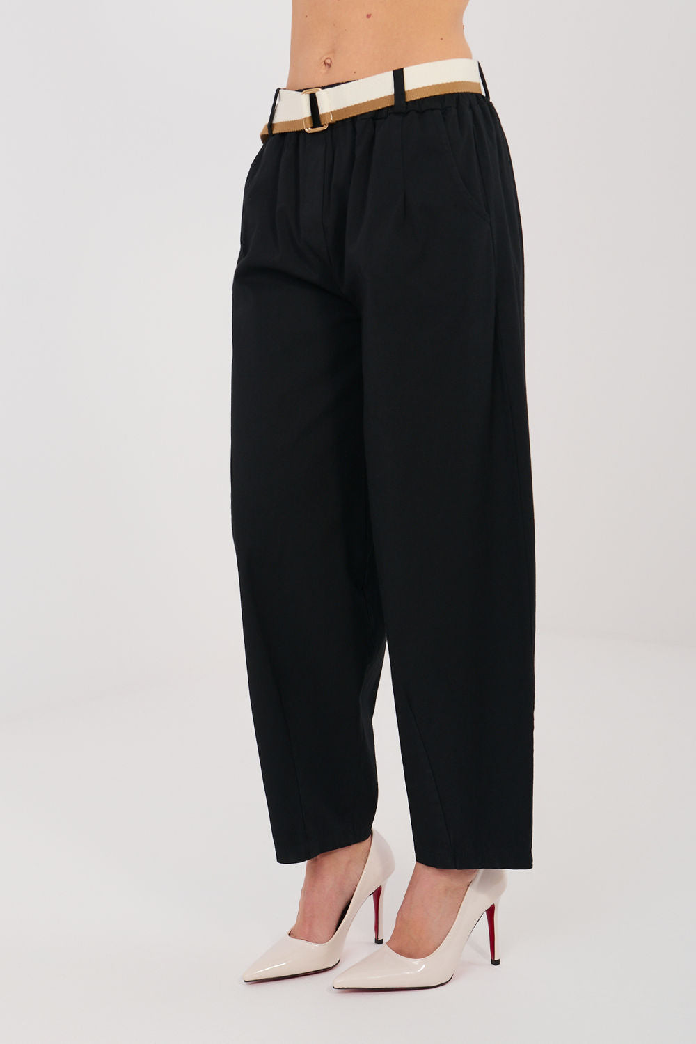 Italy Moda Black High Waisted Cotton Trousers with Pockets - view 3