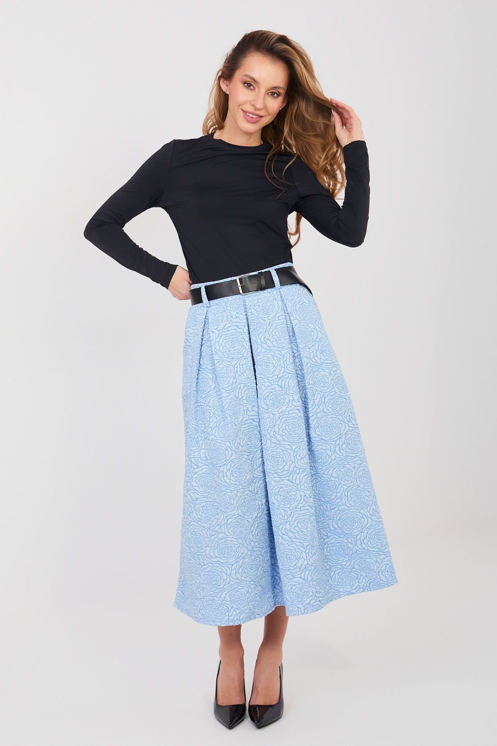Rue Paris Light Blue Floral Pleated Skirt