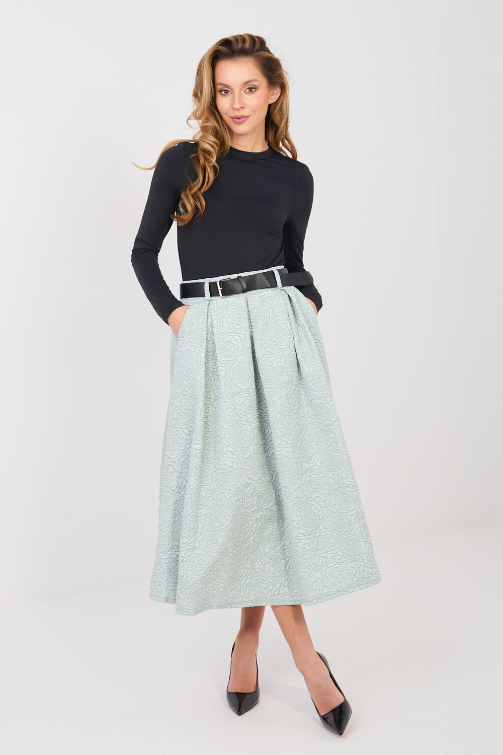 Rue Paris Mint Floral Pleated Skirt