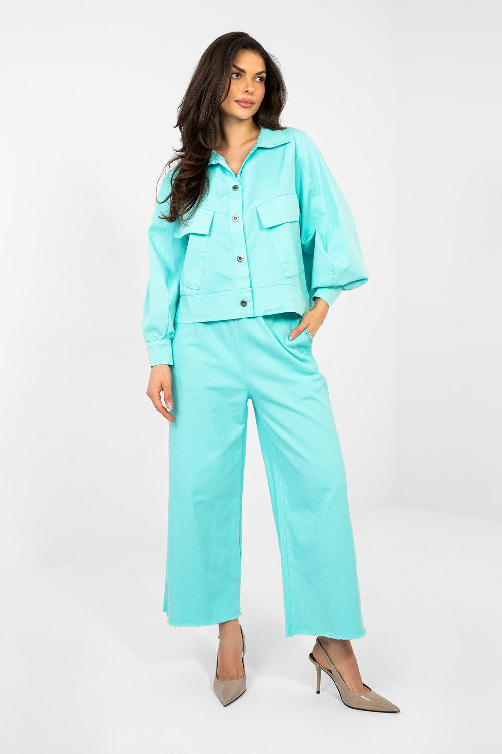 Rue Paris Turquoise Cotton Long Sleeve Top