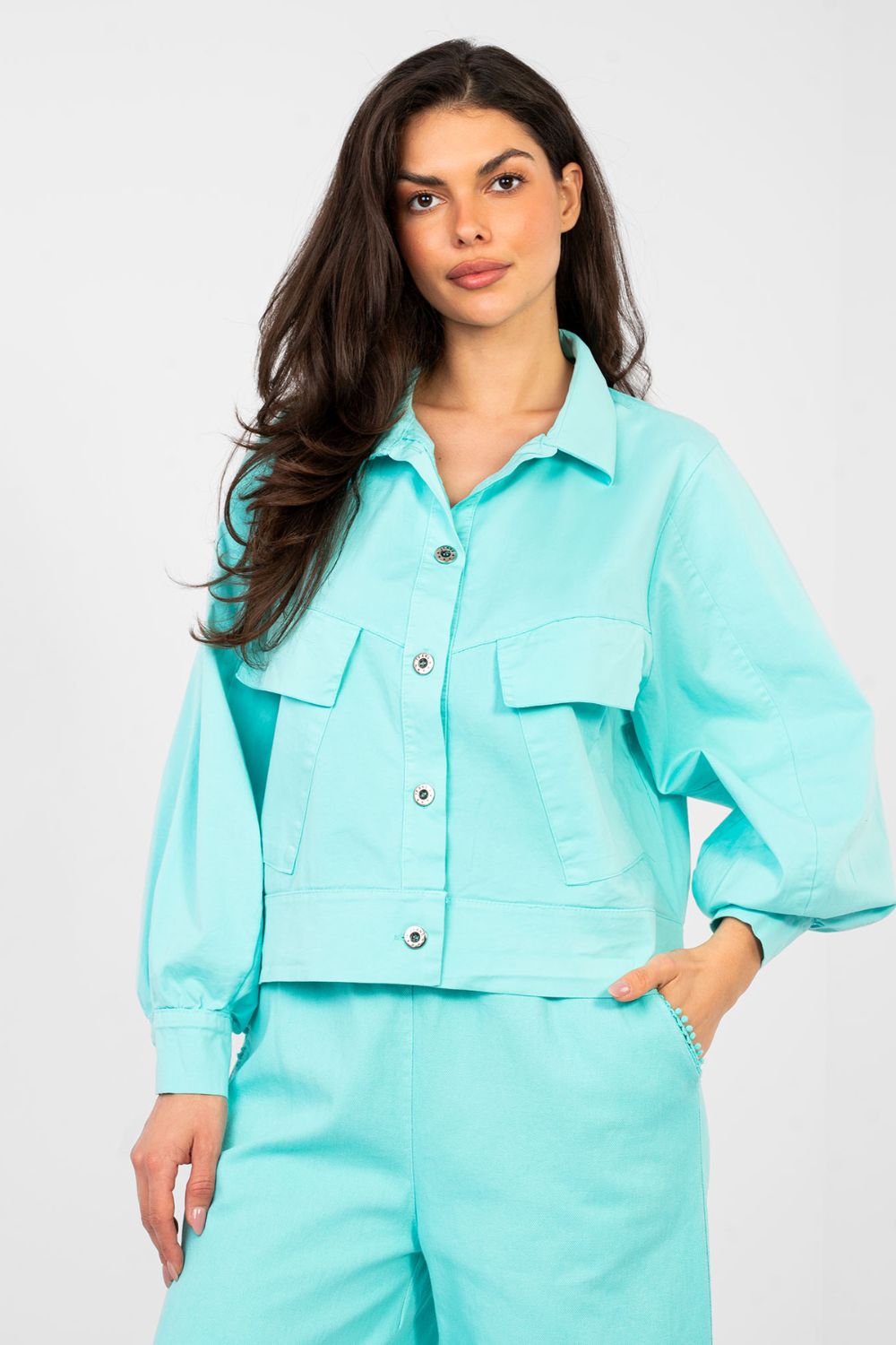 Rue Paris Turquoise Cotton Long Sleeve Top - view 4